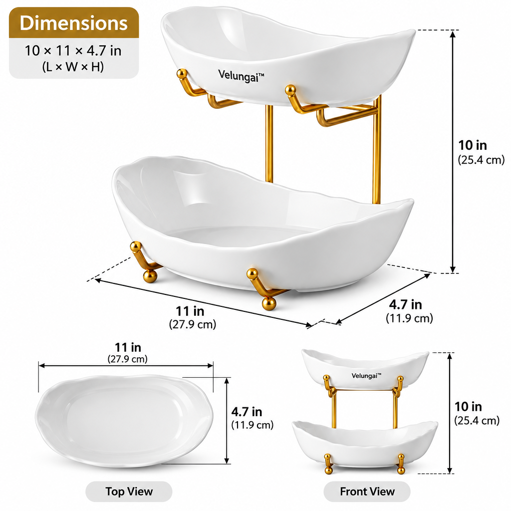 Velungai™ Two-Tier Ceramic Fruit Bowl with Gold Metal Stand