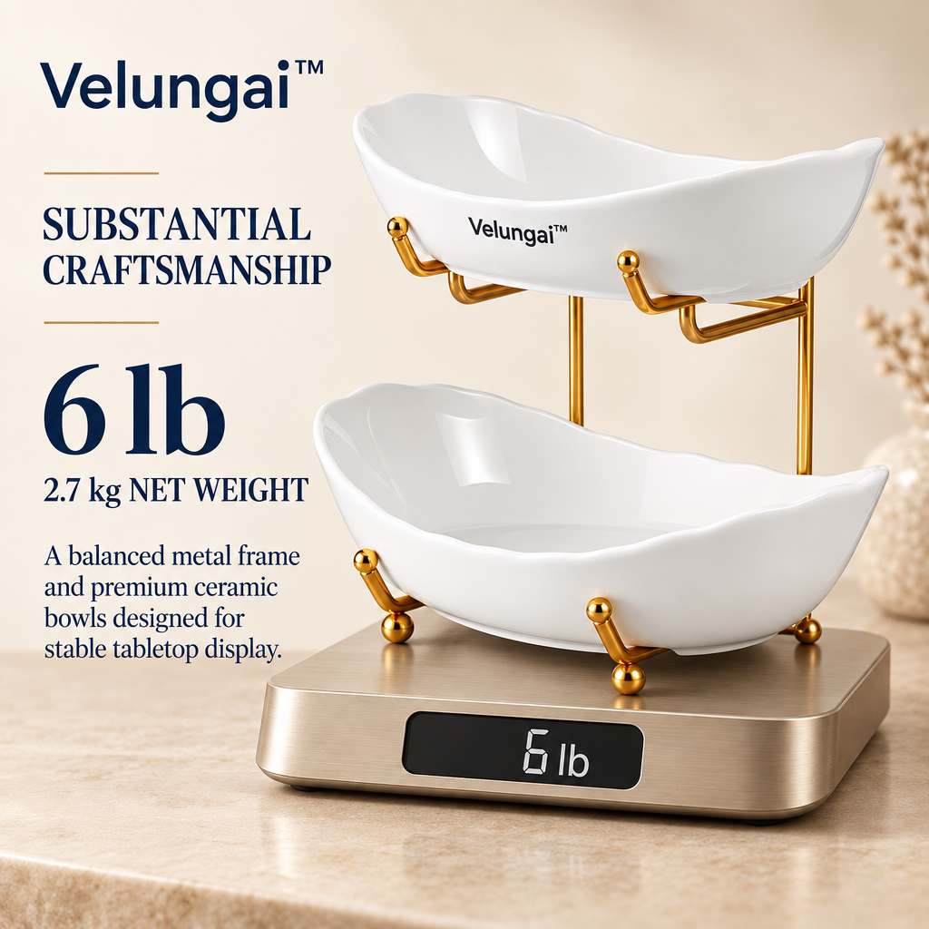 Velungai™ Two-Tier Ceramic Fruit Bowl with Gold Metal Stand