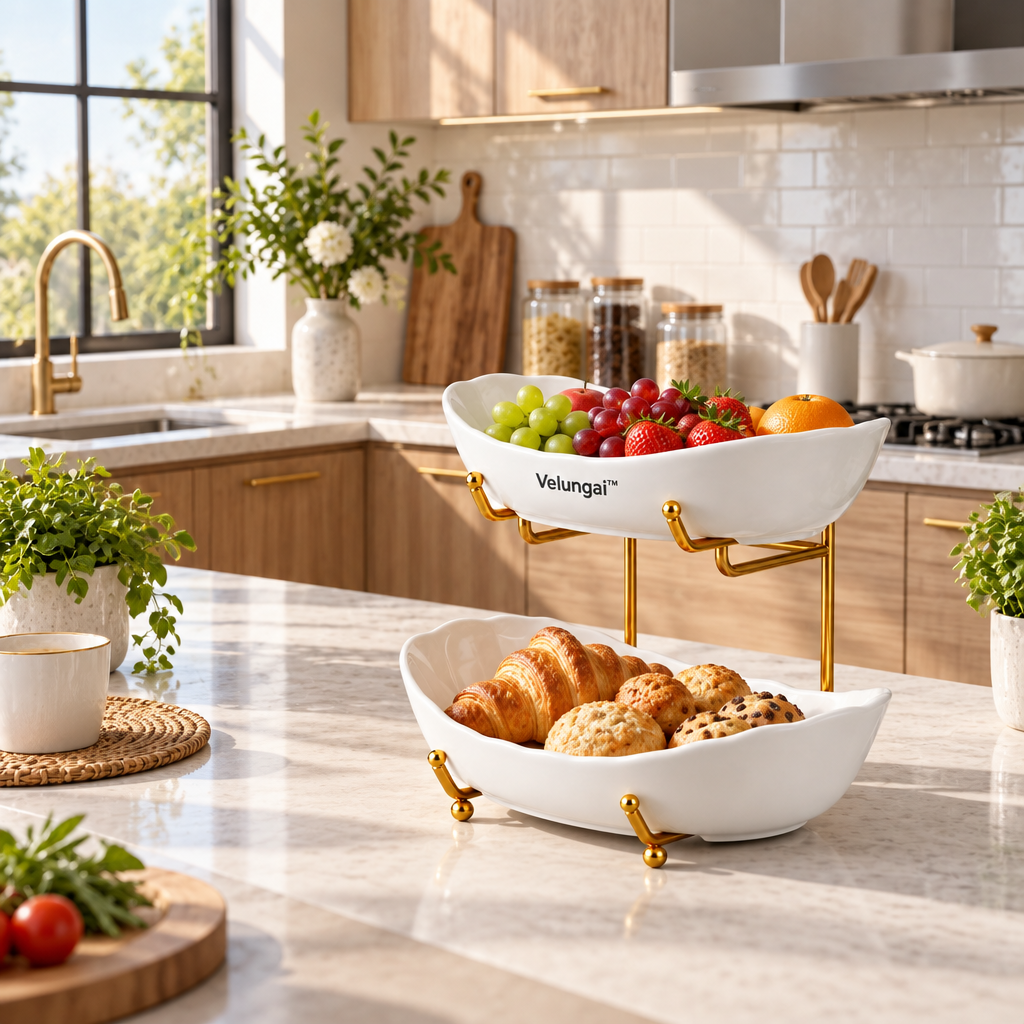 Velungai™ Two-Tier Ceramic Fruit Bowl with Gold Metal Stand