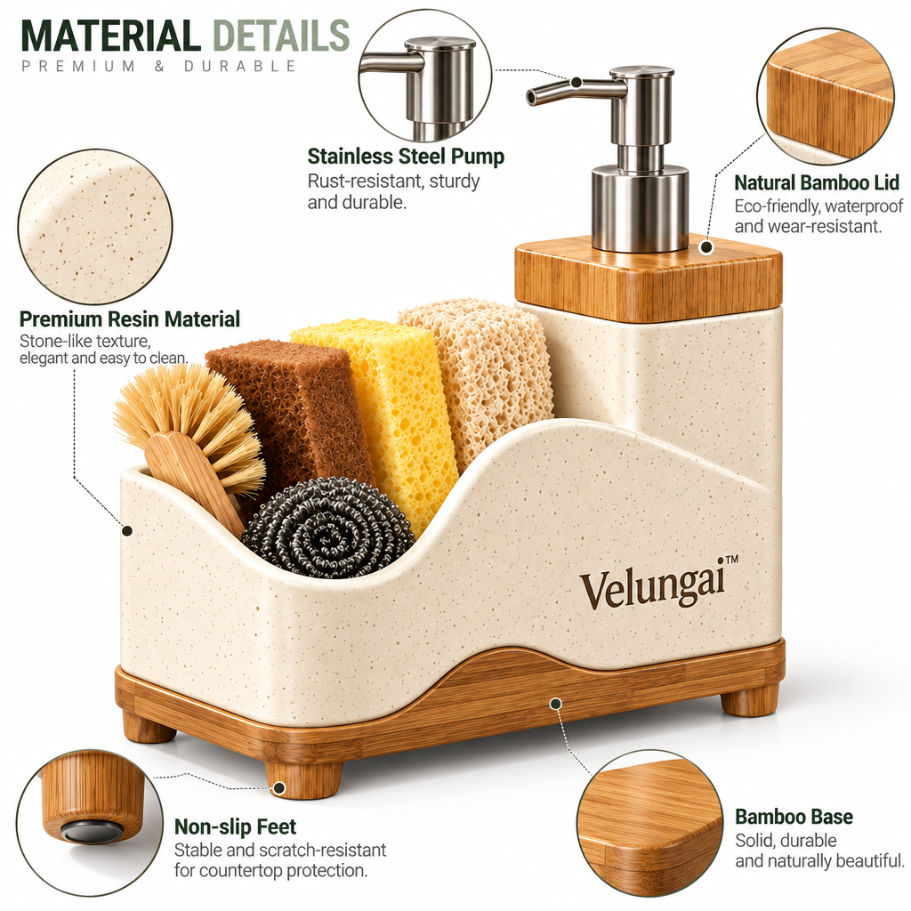 Velungai™ Bamboo Kitchen Countertop Organizer with Soap Dispenser