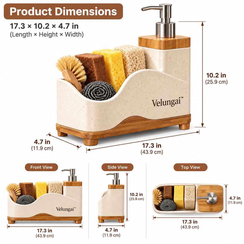 Velungai™ Bamboo Kitchen Countertop Organizer with Soap Dispenser