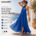 navioralife™ Women’s Azure Muse Pleated Halter Maxi Dress