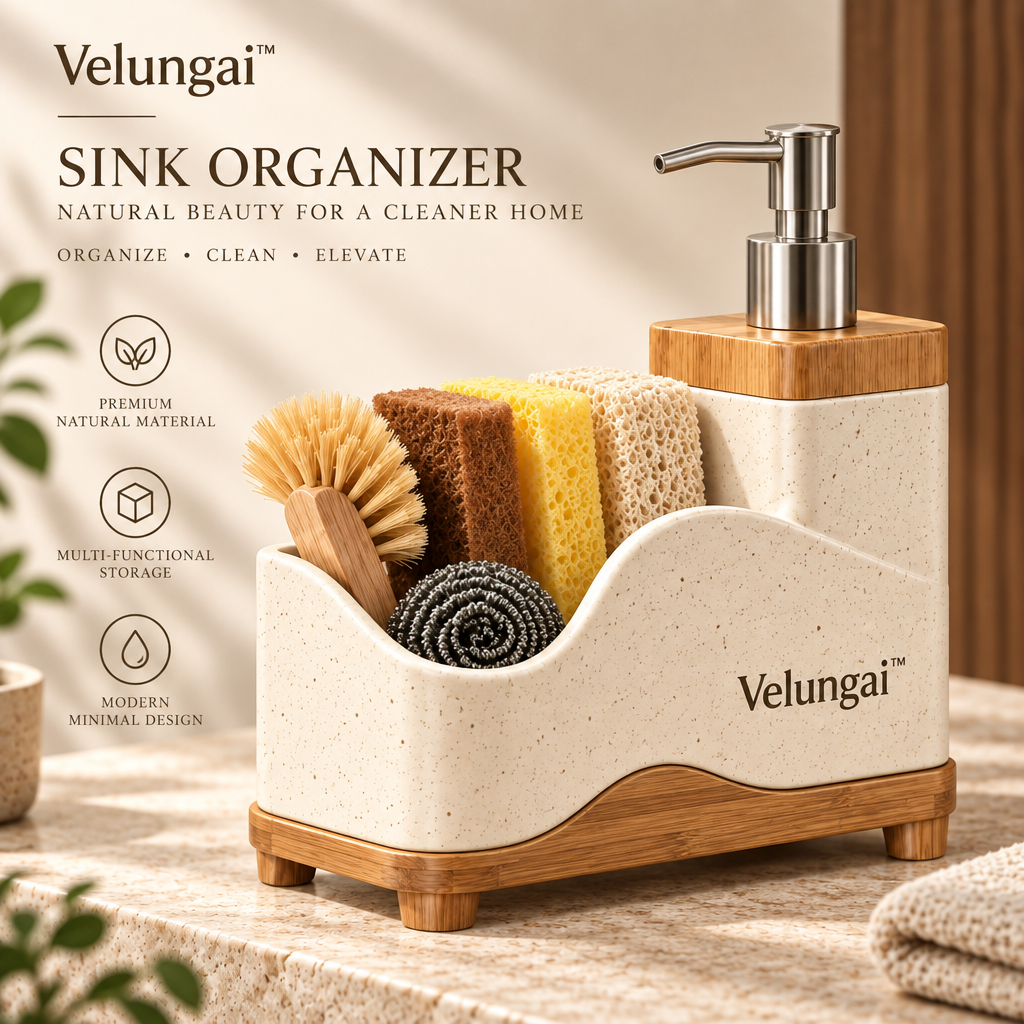 Velungai™ Bamboo Kitchen Countertop Organizer with Soap Dispenser