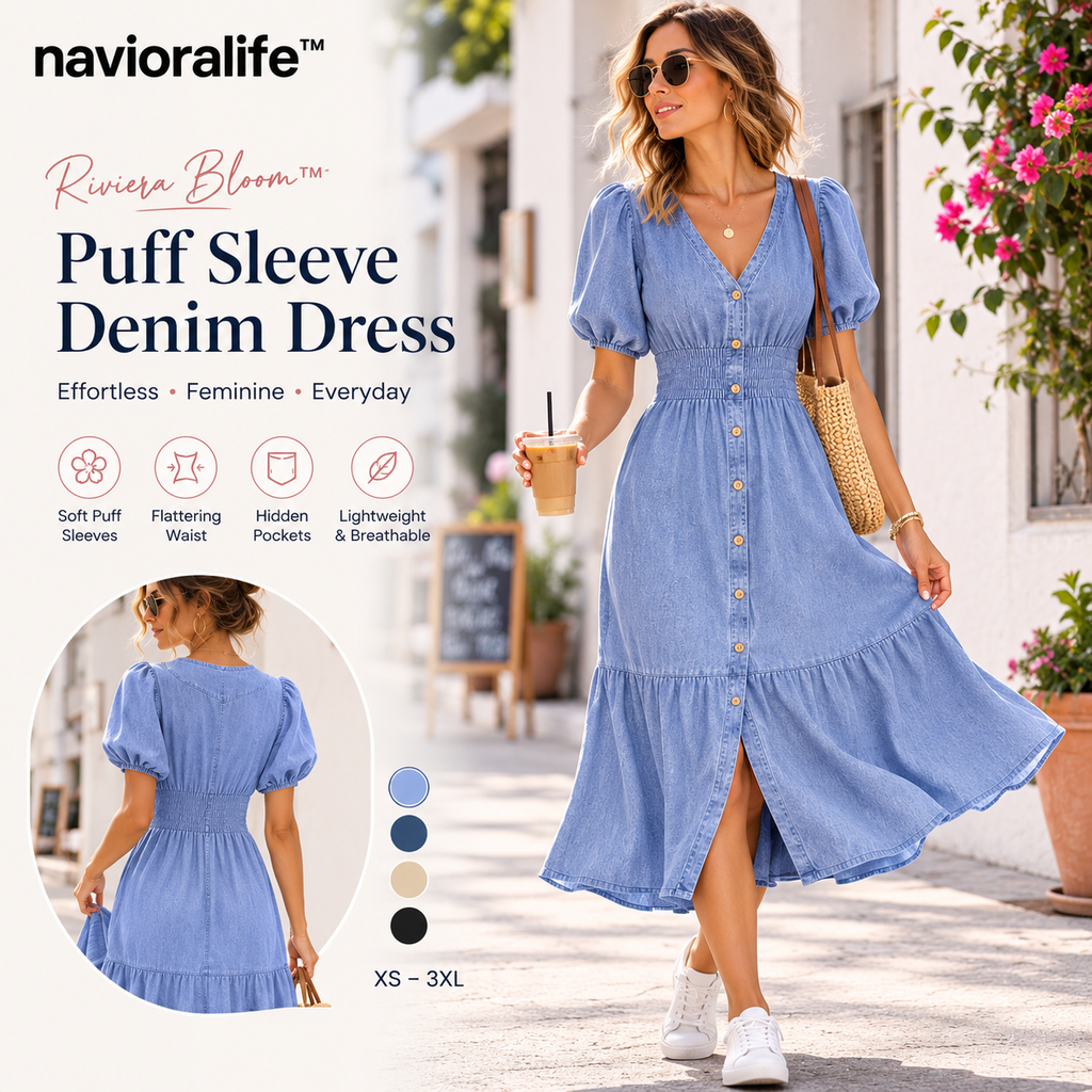 navioralife™ Women’s Riviera Bloom Puff Sleeve Denim Midi Dress