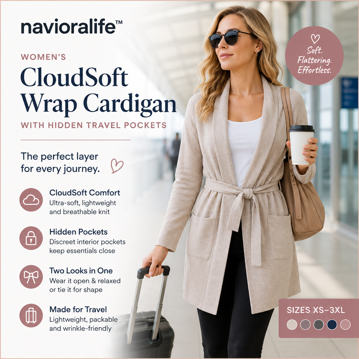 navioralife™ Women’s CloudSoft Wrap Cardigan with Hidden Travel Pockets