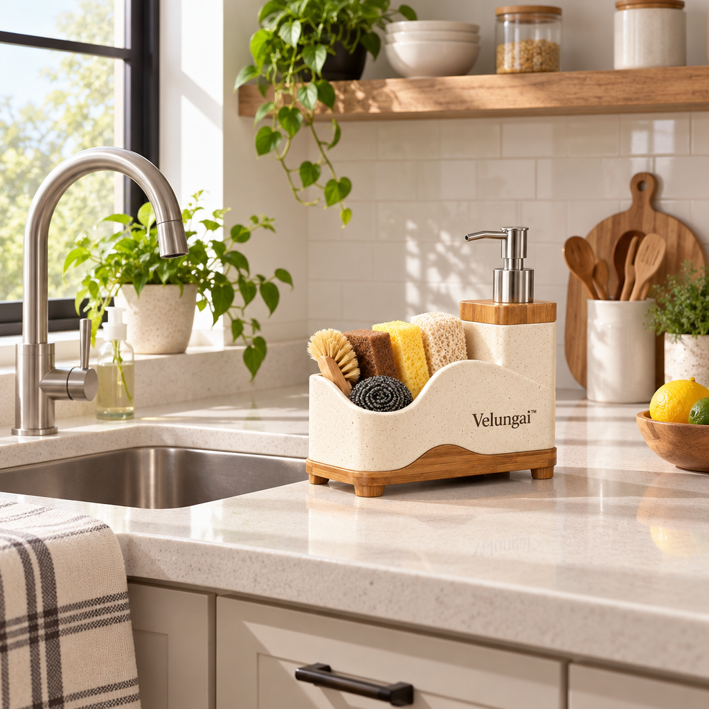 Velungai™ Bamboo Kitchen Countertop Organizer with Soap Dispenser