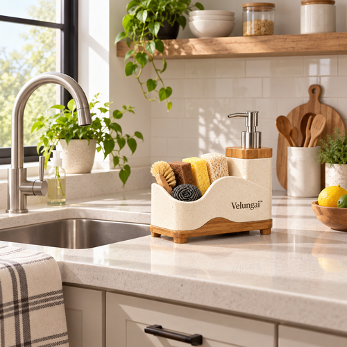 Velungai™ Bamboo Kitchen Countertop Organizer with Soap Dispenser