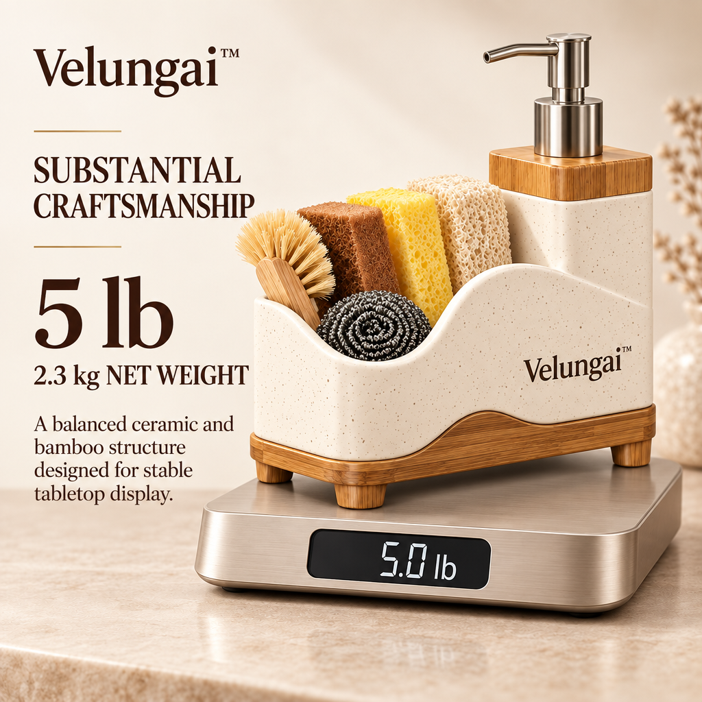 Velungai™ Bamboo Kitchen Countertop Organizer with Soap Dispenser