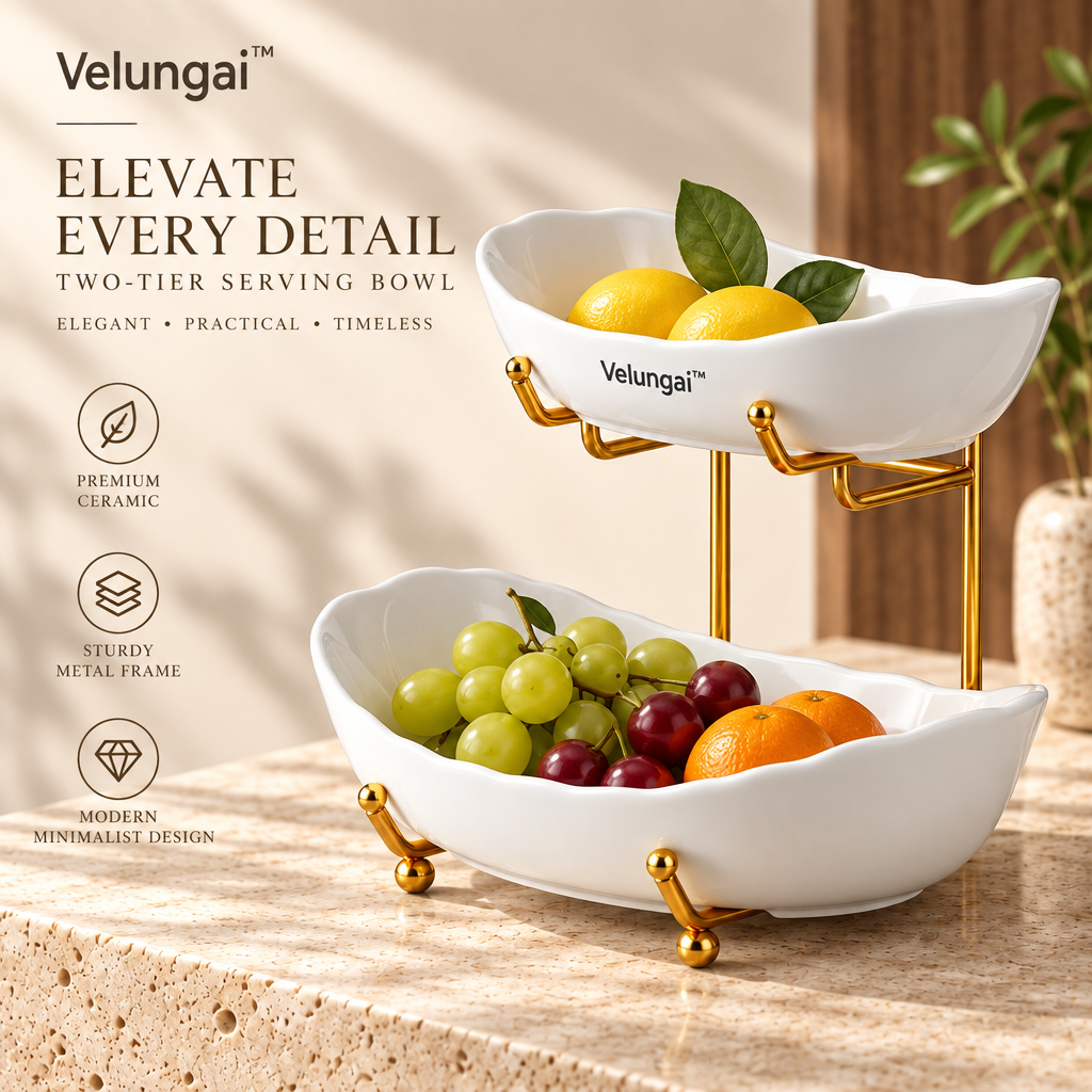 Velungai™ Two-Tier Ceramic Fruit Bowl with Gold Metal Stand