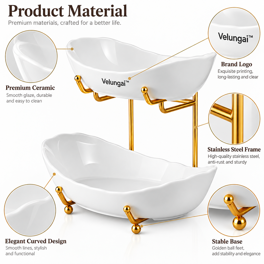 Velungai™ Two-Tier Ceramic Fruit Bowl with Gold Metal Stand